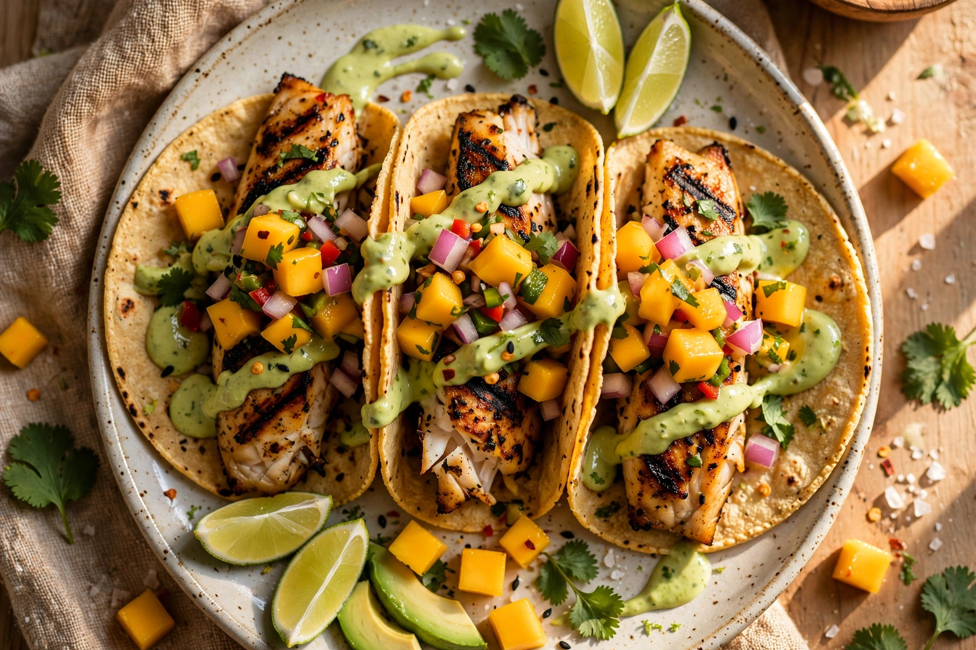 Grilled Fish Tacos with Mango Salsa and Avocado Lime Sauce