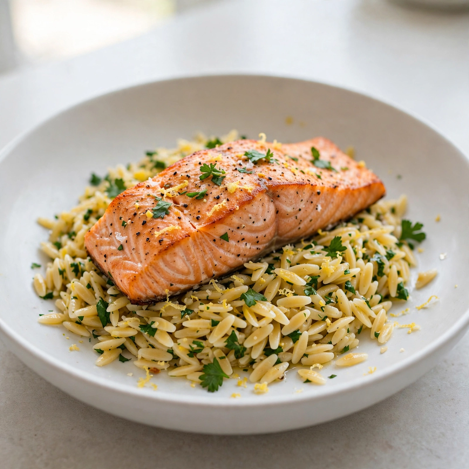 Seared Salmon with Lemon Orzo